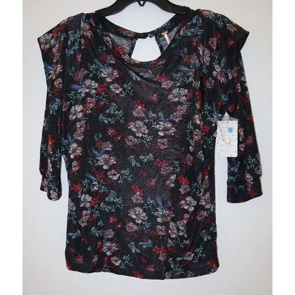 Free People Women's Sz S Black Combo Floral Print Dock Street Knit Blouse $68 - Picture 1 of 3